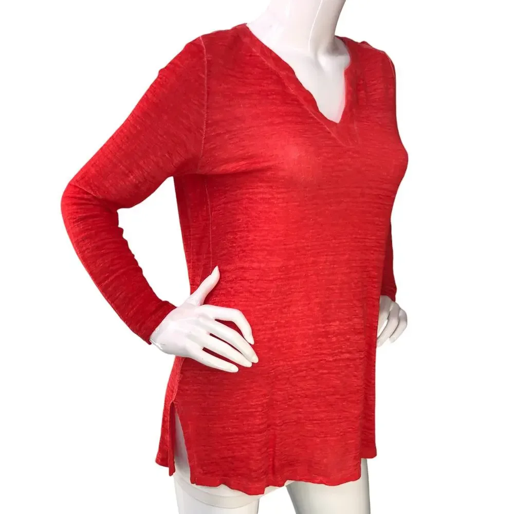 Chicos Womens Size 0 US S Linen Slplit Neck Tunic Top Soft Knit Garment Dyed Red